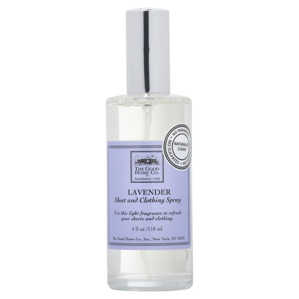 Spray bottle of The Good Home sheet spray with a floral scent, designed to freshen and soften bed linens.
