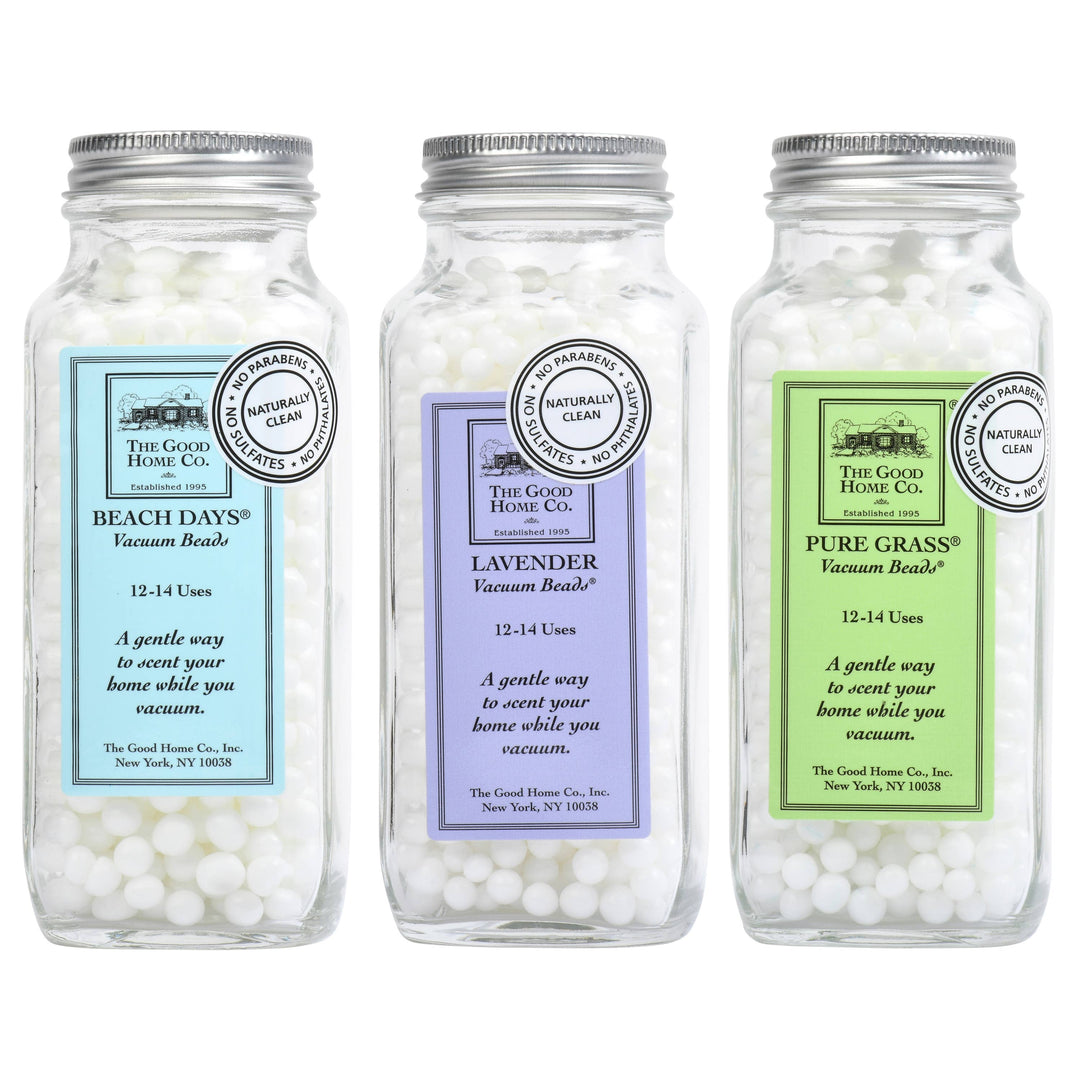 The Good Home Vacuum Beads in a container, designed for home cleaning to help trap dust and debris during vacuuming.