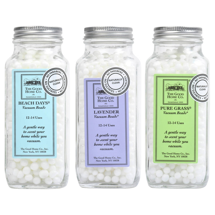 The Good Home Vacuum Beads in a container, designed for home cleaning to help trap dust and debris during vacuuming.