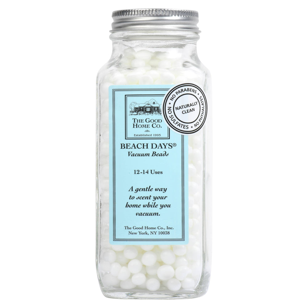 The Good Home Vacuum Beads for home cleaning, showing a close-up of white vacuum beads in a container.