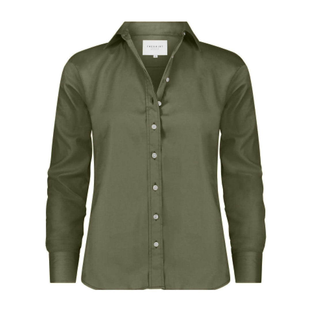 Olive Rochelle Behrens Icon Shirt, a stylish women's top with a classic fit and soft fabric, displayed flat.