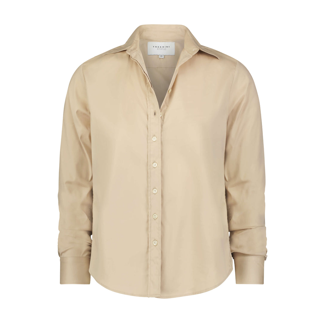 Rochelle Behrens Icon Shirt in taupe, a stylish women's top with a classic fit and soft fabric, displayed flat.
