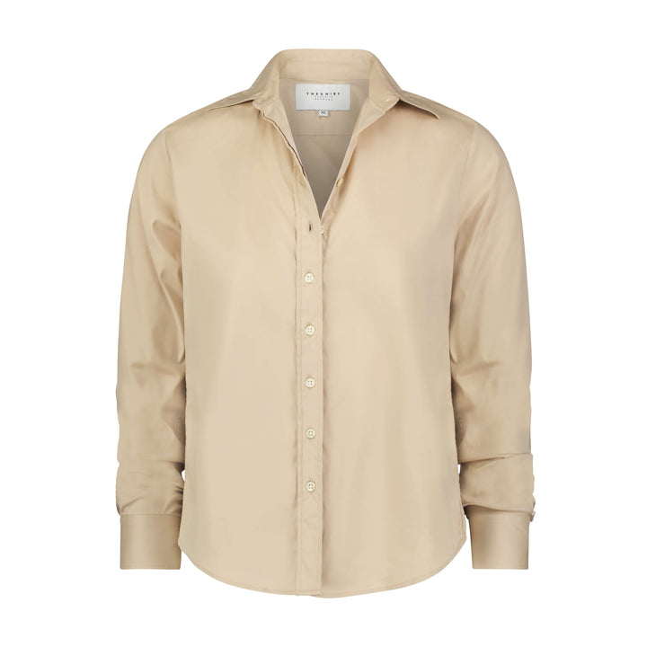 Rochelle Behrens Icon Shirt in taupe, a stylish women's top with a classic fit and soft fabric, displayed flat.