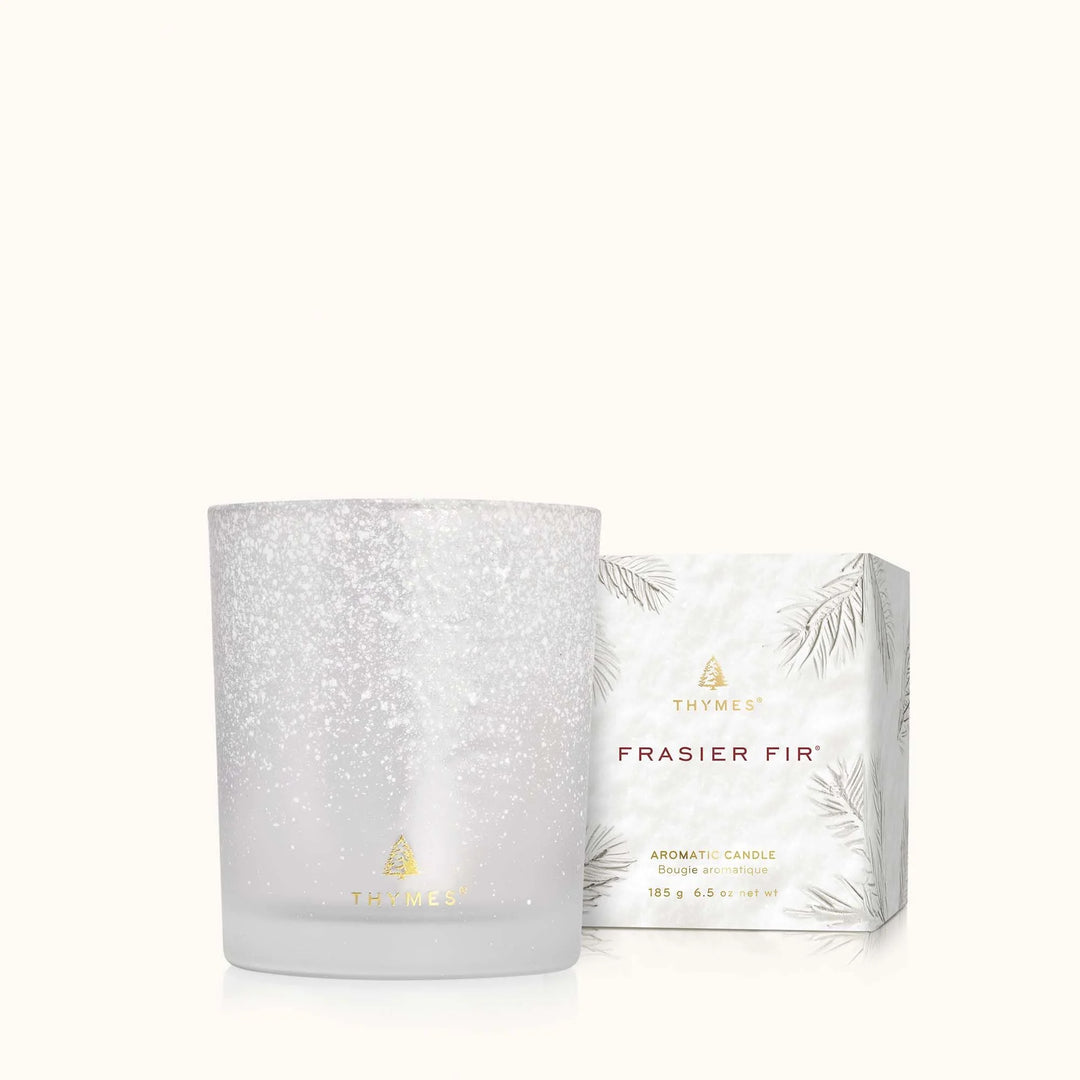 Flocked 6.5 oz Thymes poured candle with a cozy home decor design, showcasing the textured flocked surface and warm candle glow.
