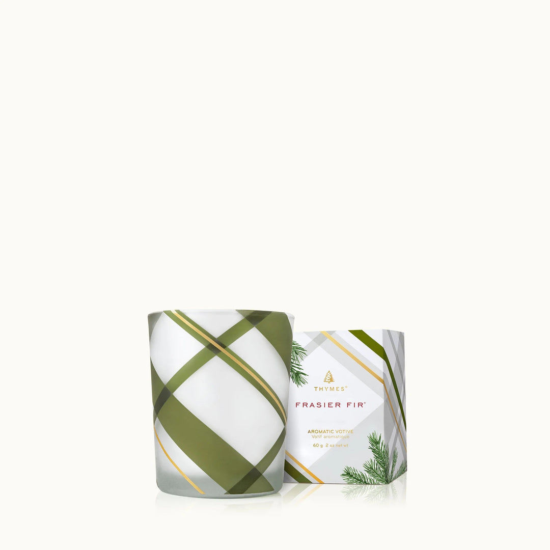 Frosted plaid 2oz Thymes votive candle with a cozy home decor design and frosted glass finish.