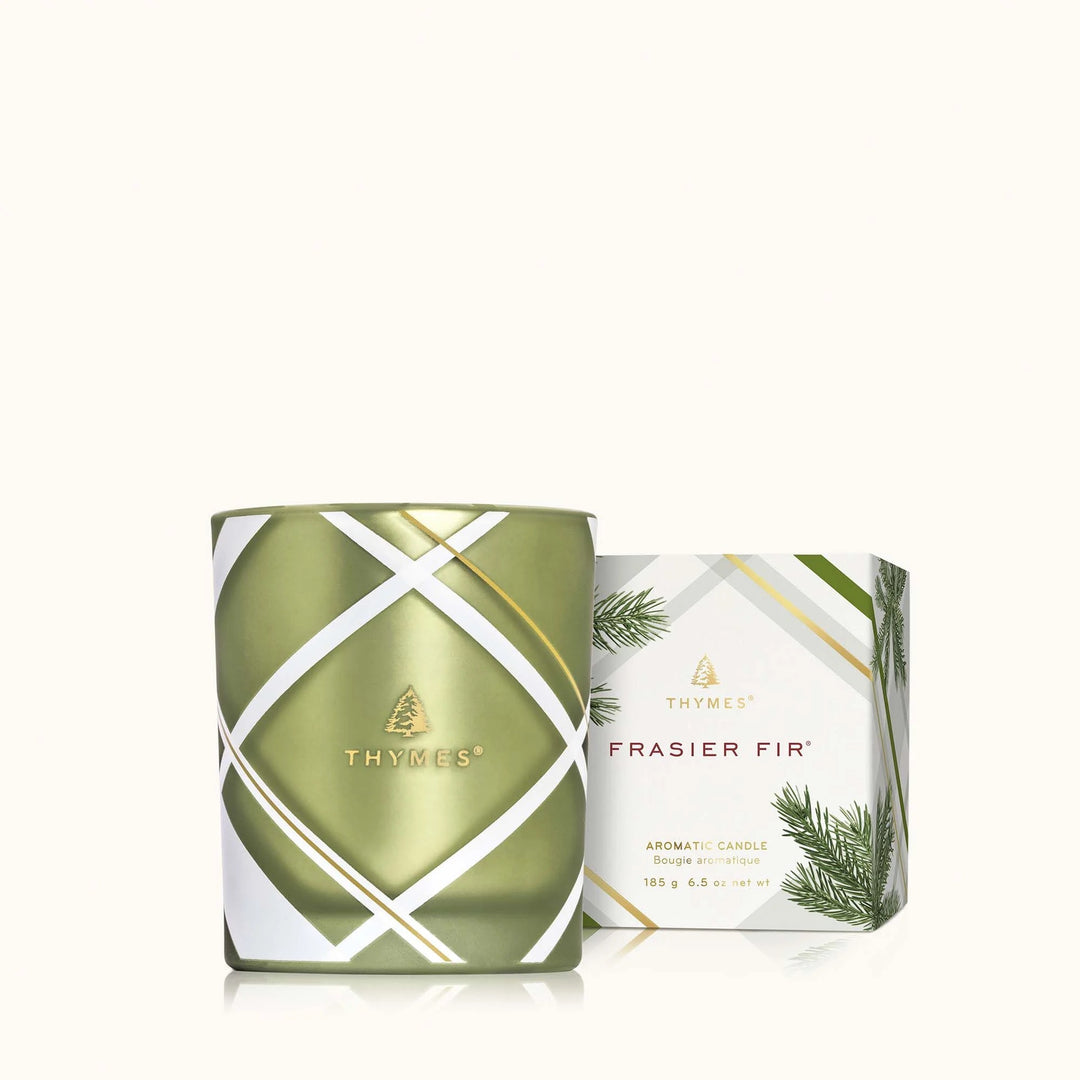Frosted Plaid 6.5oz candle by Thymes, showcasing a cozy home decor candle with frosted plaid design and elegant packaging.