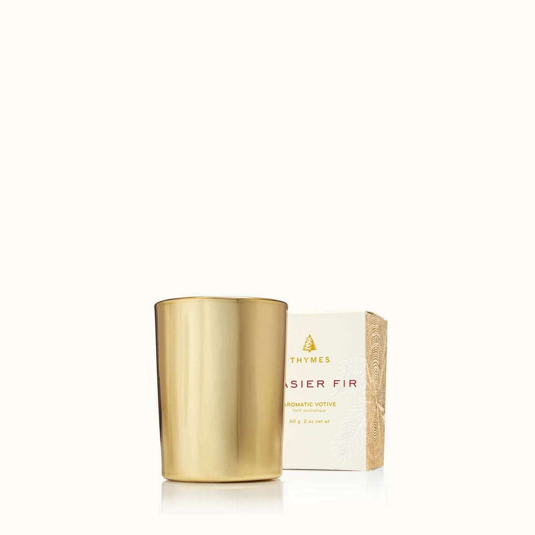 Gold 2oz Thymes votive candle for home decor, featuring a sleek gold finish and elegant design.