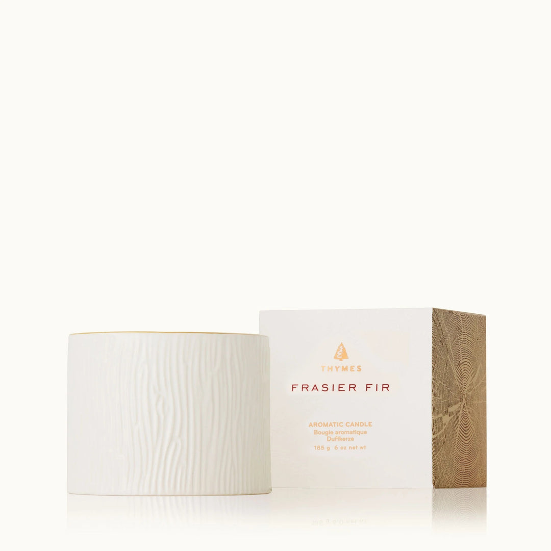 Small Thymes Petite Ceramic Candle in a 6oz home decor container with a clean, modern design and a burning wick.