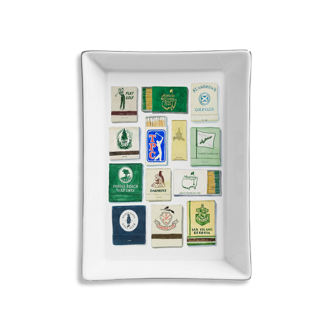 Ceramic tray featuring golf match design, ideal for gifts. Toss Designs gift ceramic tray with golf-themed artwork.