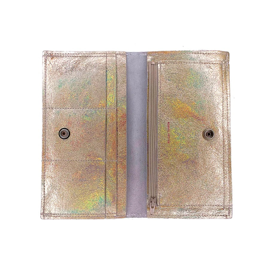 Tracey Tanner Sarah Shimmery Leather Wallet showing front view with multiple card slots and sleek metallic finish.