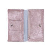 Tracey Tanner Sarah patent leather wallet with multiple card slots and a sleek design, shown open with visible interior compartments.