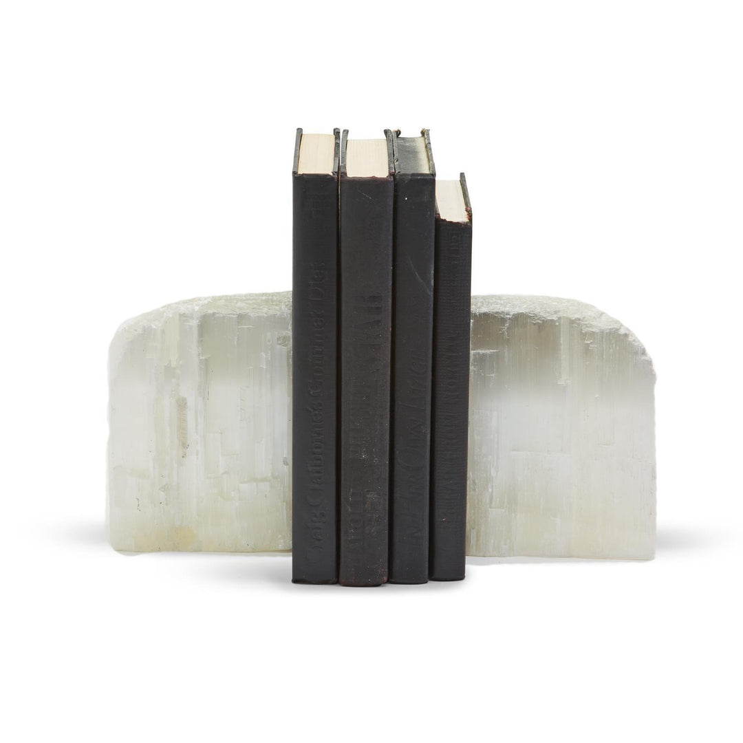 Pair of Selenite Crystal Bookends for home decor by Two's Company, featuring natural white stone with smooth edges.