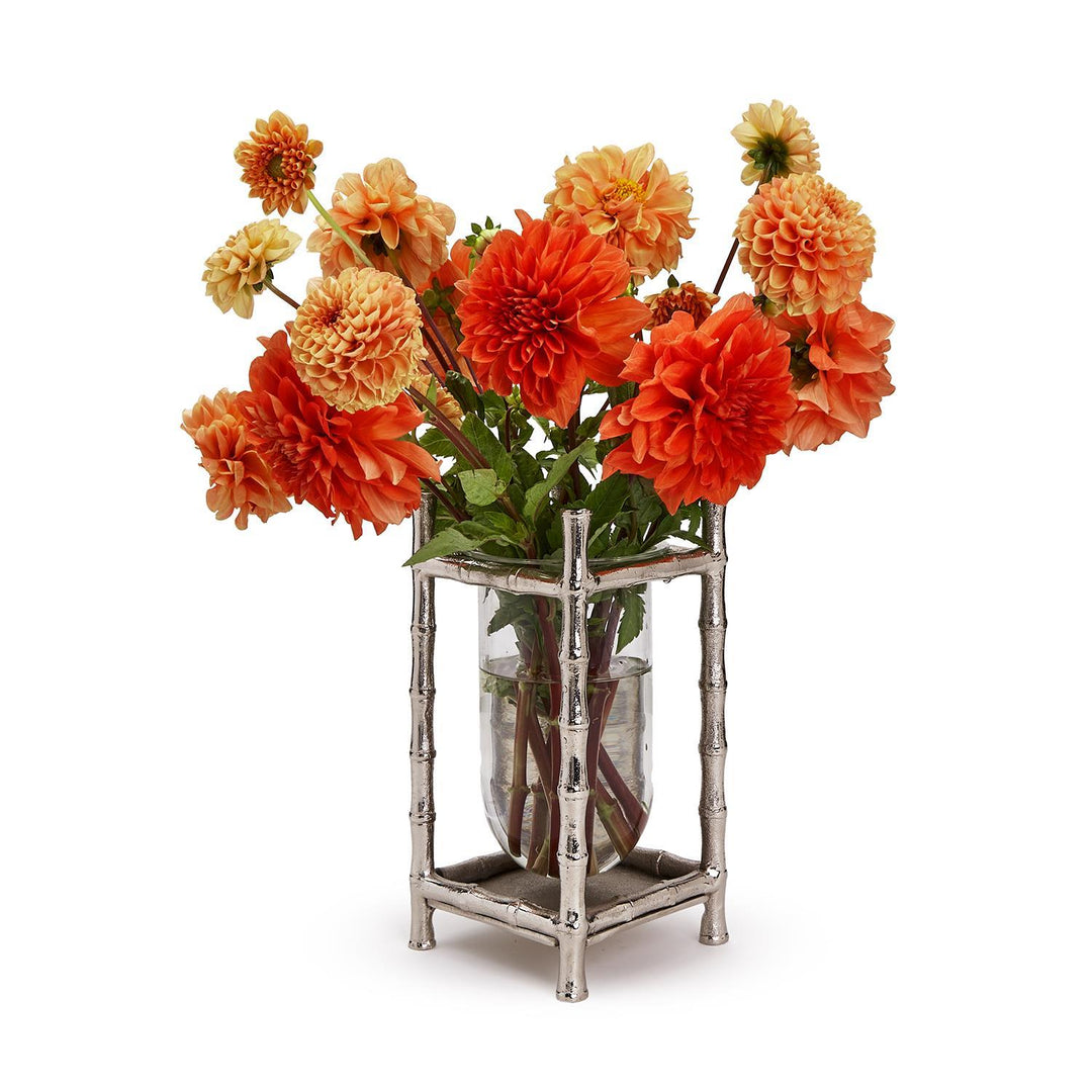 Silver bamboo vase for home decor by Two's Company, featuring a sleek metallic finish and bamboo-inspired design.