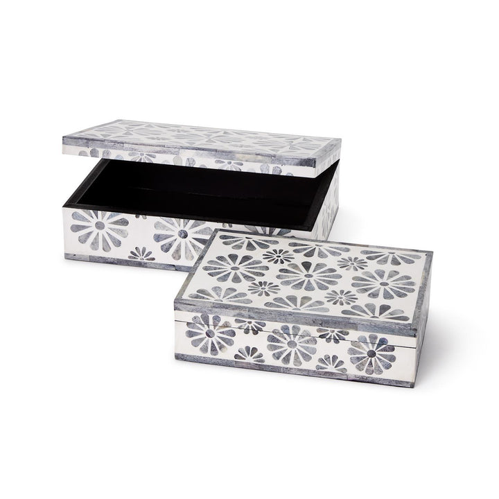 Decorative mosaic box for the home by Two's Company, featuring intricate colorful mosaic patterns and a sturdy rectangular shape.