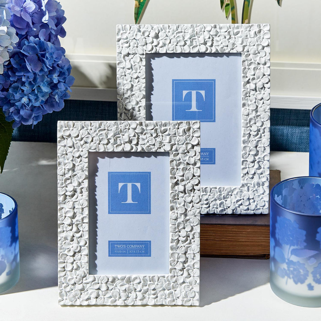 Two's Company hydrangea frame for home decor, featuring a floral design with lush hydrangea flowers and elegant craftsmanship.