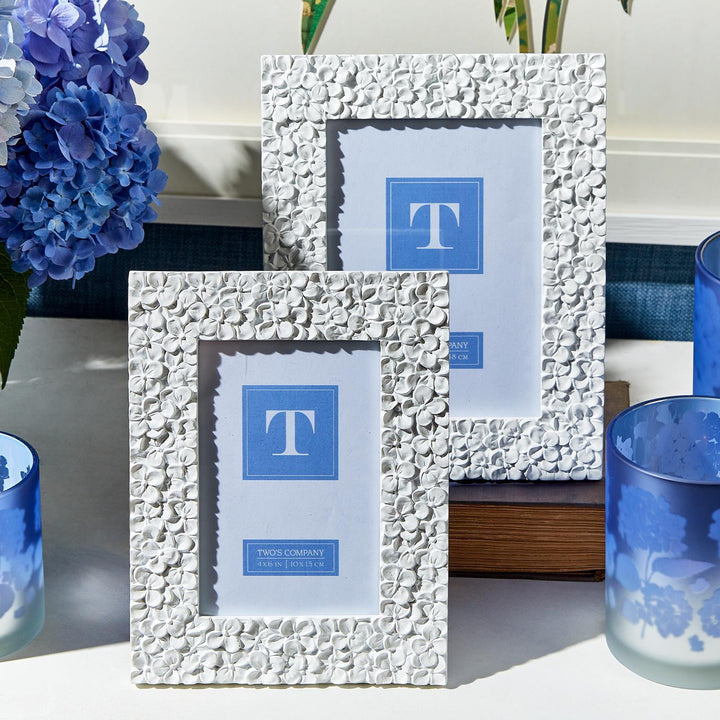 Two's Company hydrangea frame for home decor, featuring a floral design with lush hydrangea flowers and elegant craftsmanship.