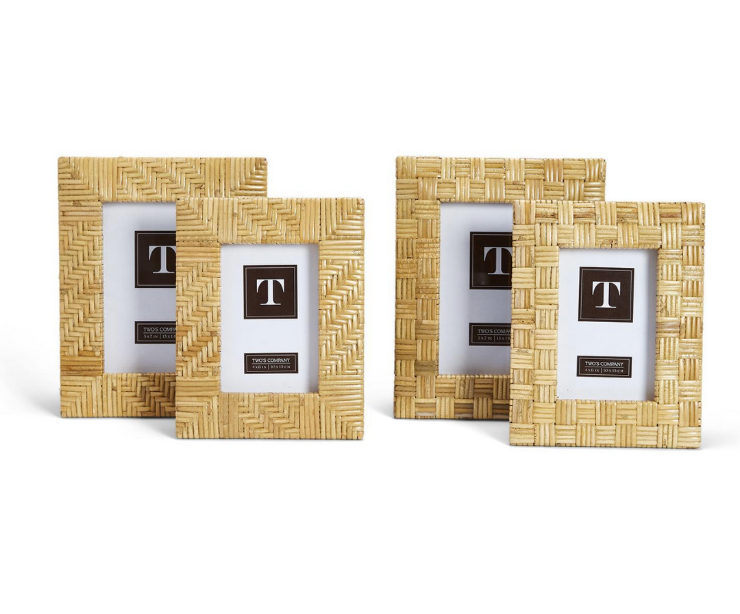 Rattan photo frame from Two's Company, home decor, with a natural woven design and space for displaying photos.