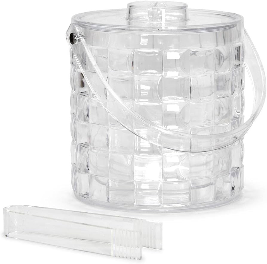 A clear acrylic ice bucket with a matching tong from Two's Company, designed for home entertaining.