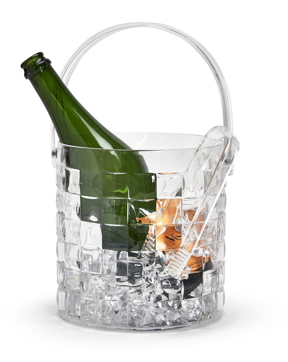 Acrylic ice bucket with tong from Two's Company, designed for home bar use, featuring a clear acrylic container and metal tong.