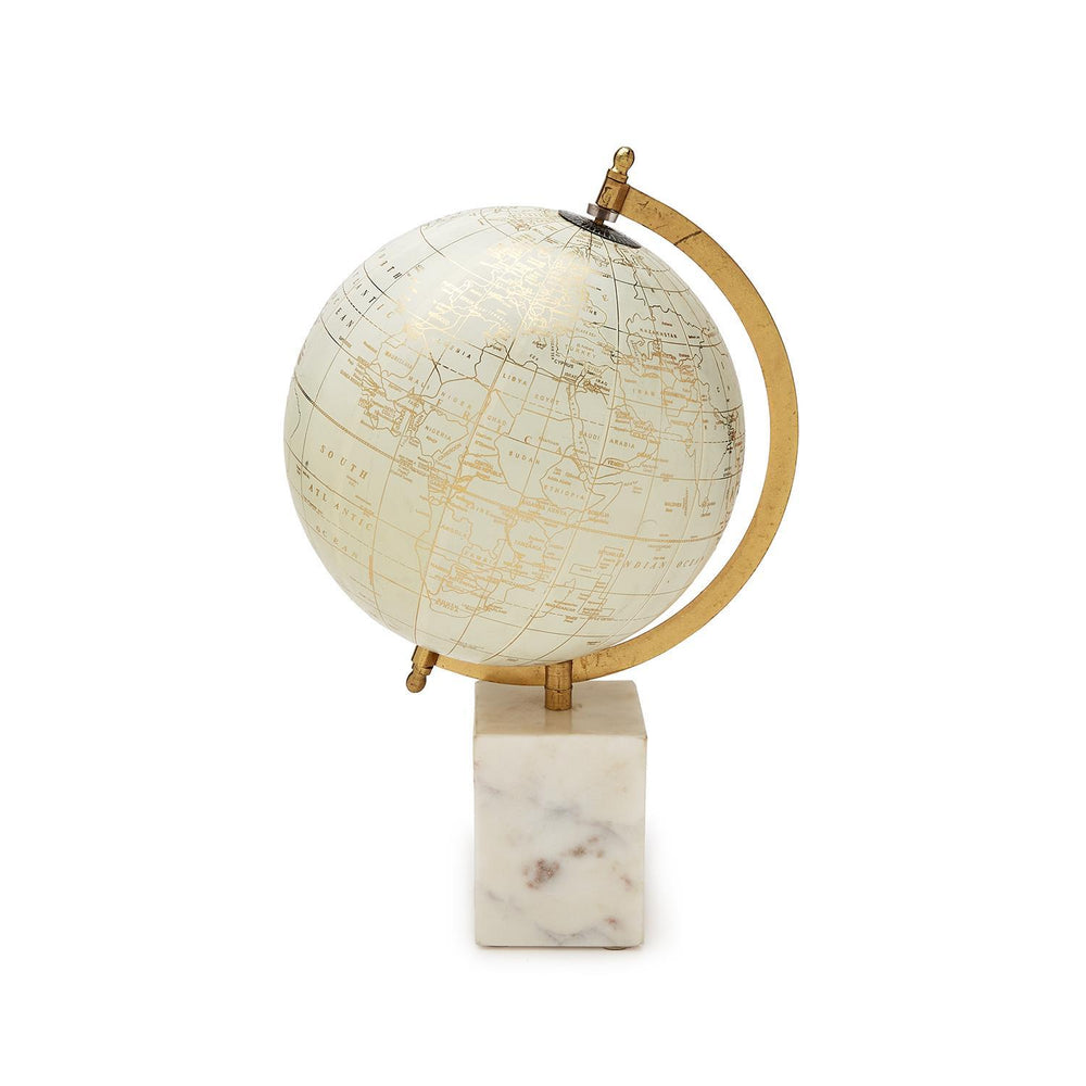 Decorative globe on a marble base for home decor by Two's Company, showcasing a detailed world map.