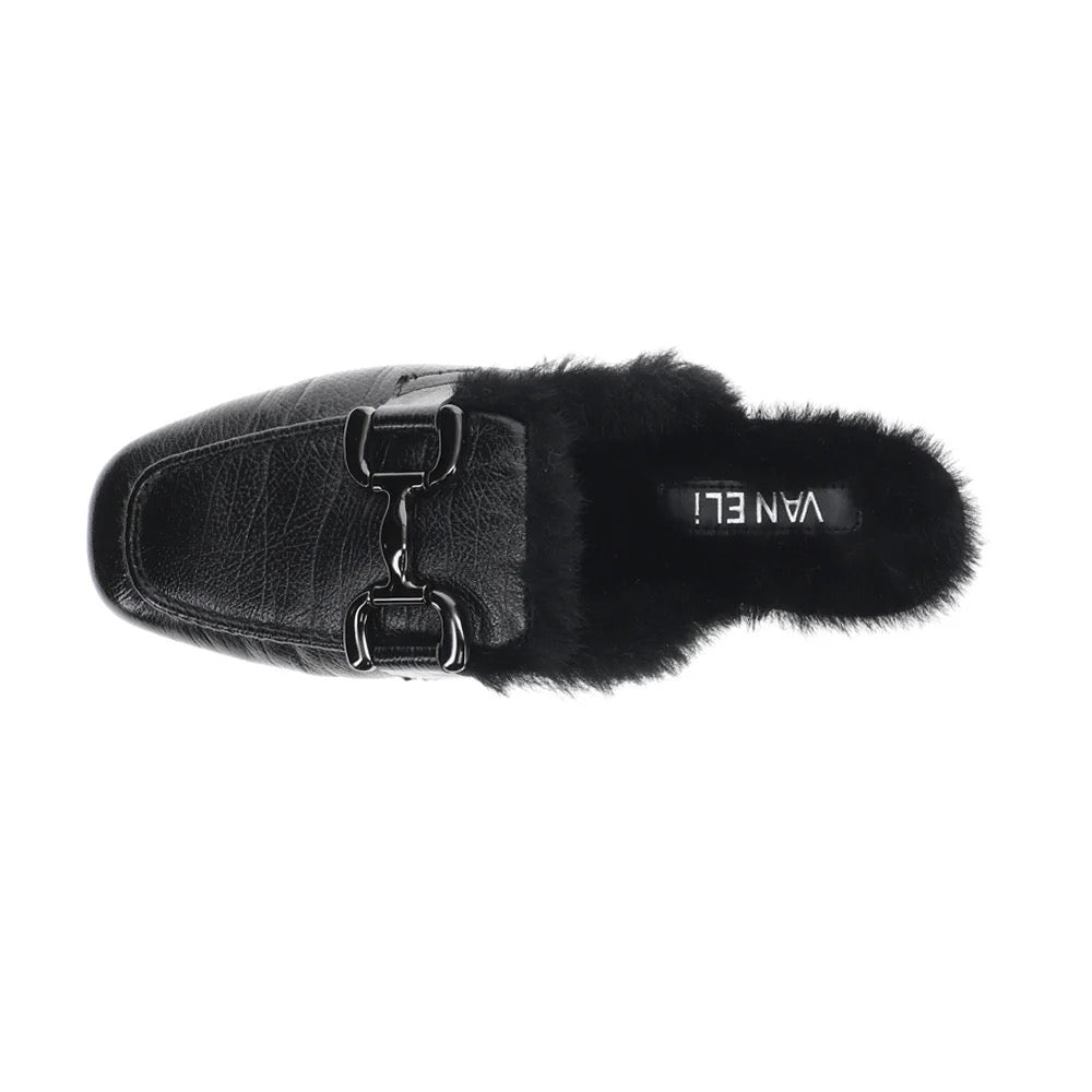 Vaneli Skyla black slip-on shoe with smooth leather upper and low heel, showcasing a sleek, minimalist design.