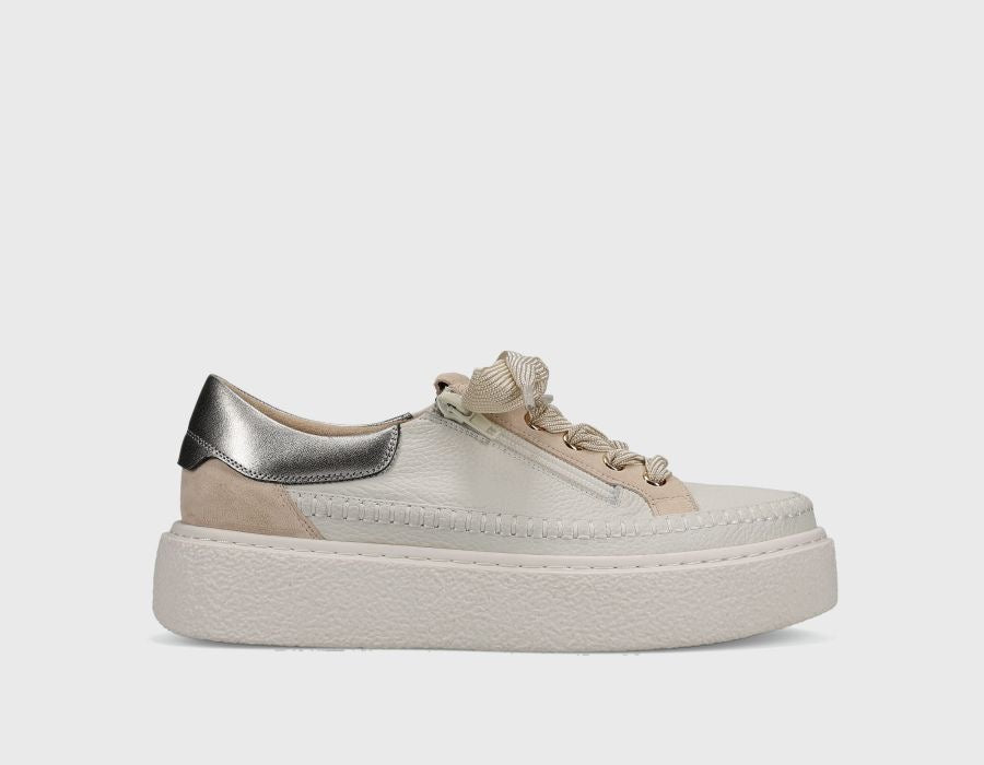 Vaneli Yoga Leather Platform Sneaker showcasing a stylish, beige leather sneaker with a chunky platform sole and casual design.