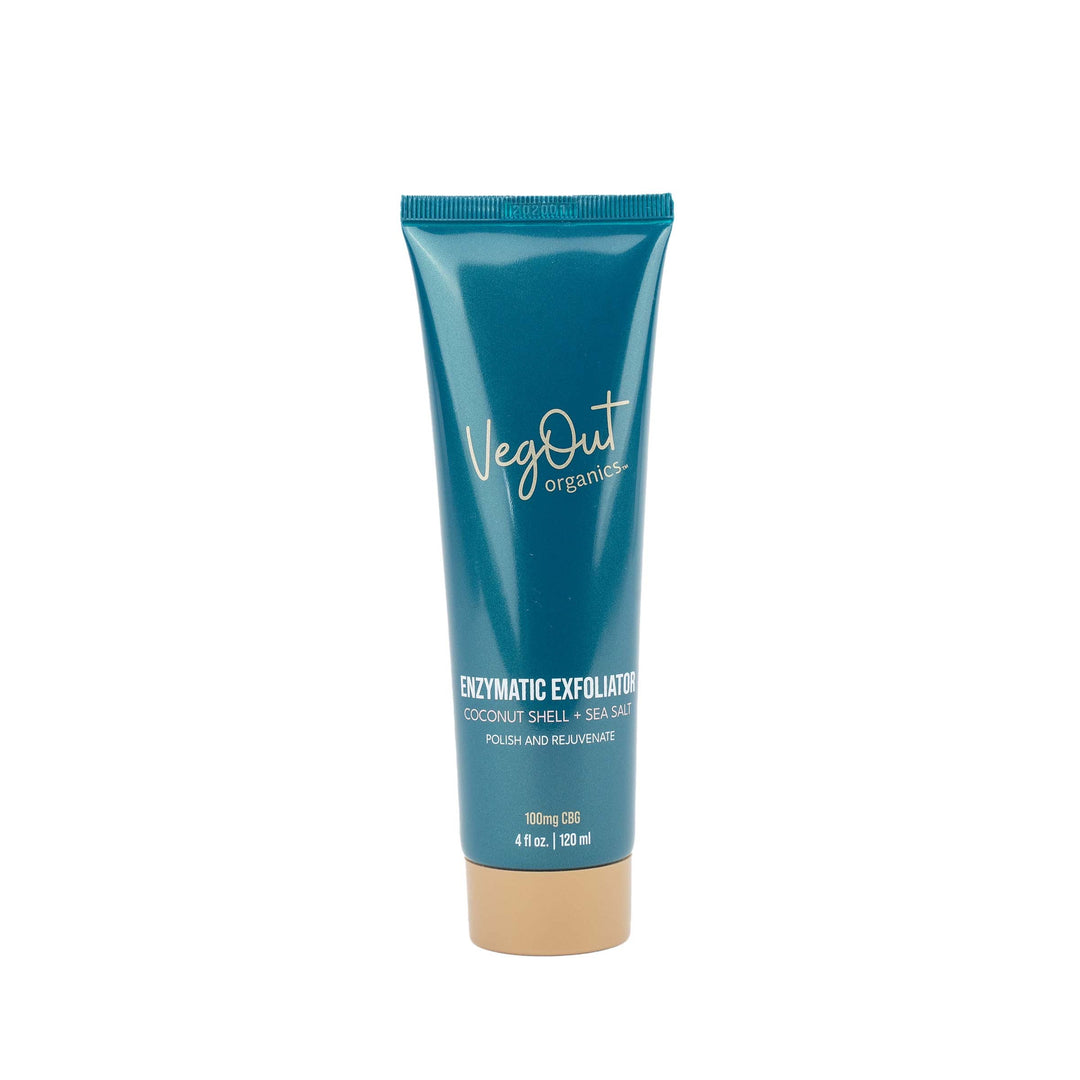 Veg Out Organics enzymatic exfoliator gift set with natural ingredients, featuring exfoliating products in eco-friendly packaging.