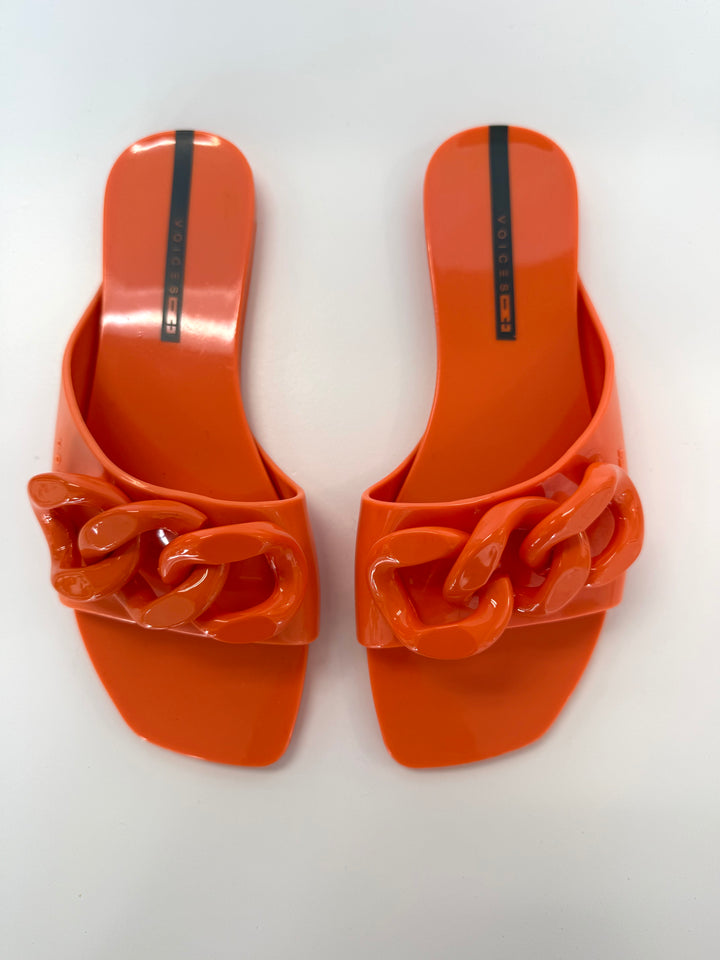 Voices Avolto Corrente orange sandal, stylish accessories with orange straps and buckle, displayed on white background.