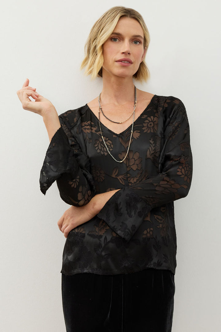 Johnny Was Mayson flare sleeve top in black, featuring wide sleeves and a relaxed silhouette