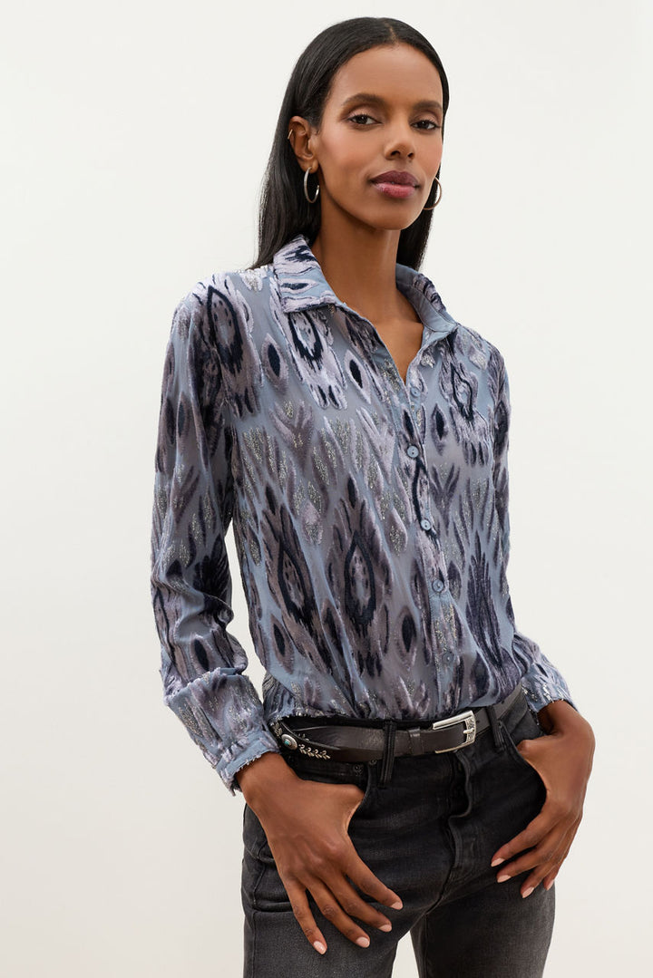 Johnny Was Luisa blue burnout shirt with sheer patterned fabric and long sleeves
