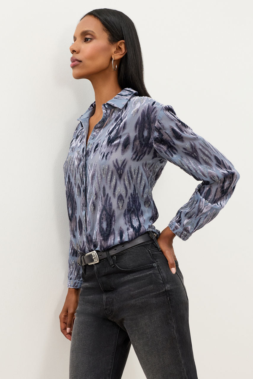 Johnny Was Luisa blue burnout shirt with textured floral pattern and button-front design