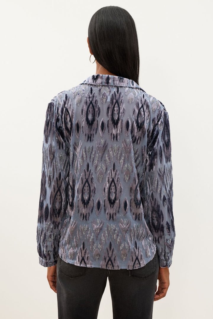 Johnny Was Luisa blue burnout shirt with sheer textured fabric and button-front design