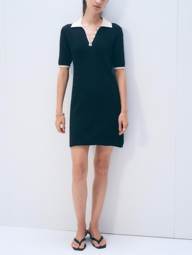 White & Warren boucle organic cotton dress in midnight, featuring a textured boucle fabric and a relaxed, stylish fit.
