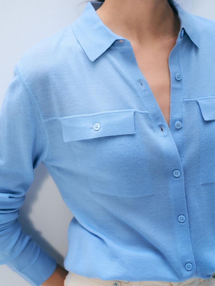 White & Warren superfine merino shirt, a close-up of the soft, lightweight knit tops in a neutral color.
