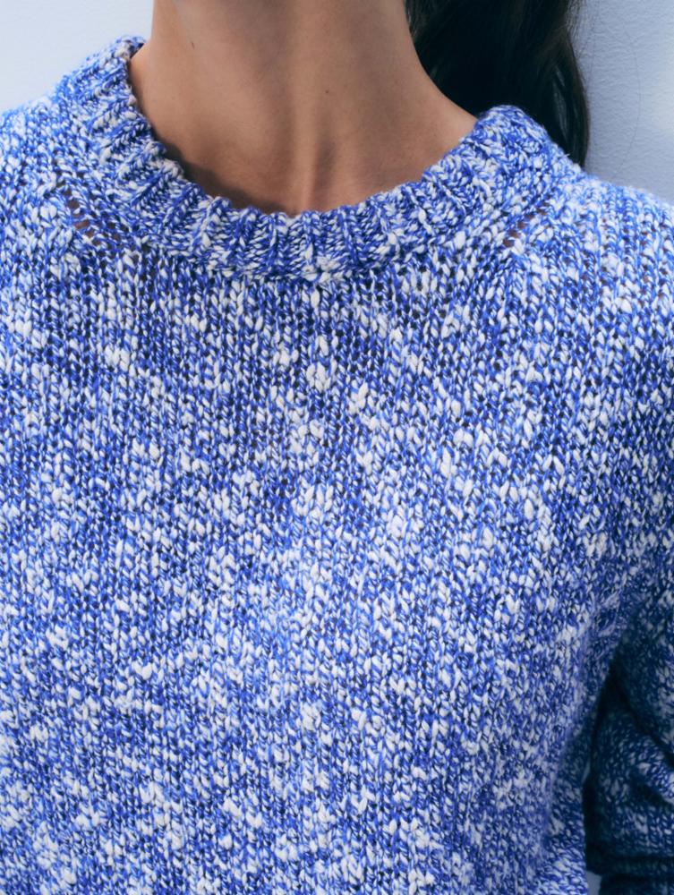 Back view of White & Warren marled cotton crew sweater, a cozy knit top with subtle textured pattern and ribbed hem.
