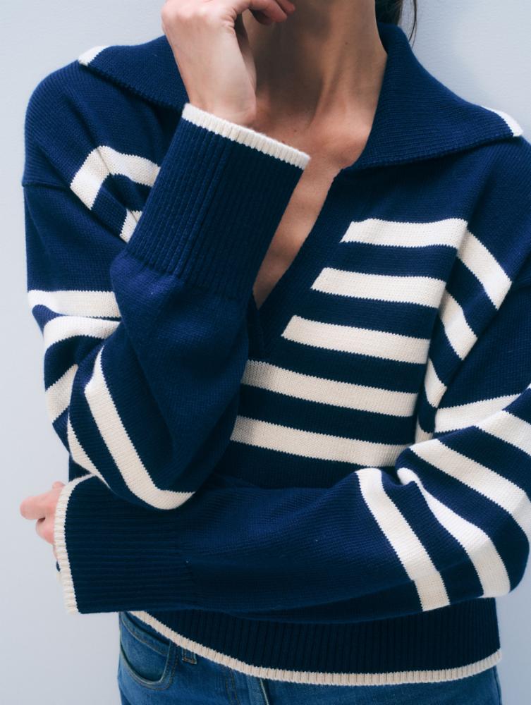 White & Warren varsity cotton polo sweater, front view showing classic collar and striped detailing on a stylish top.