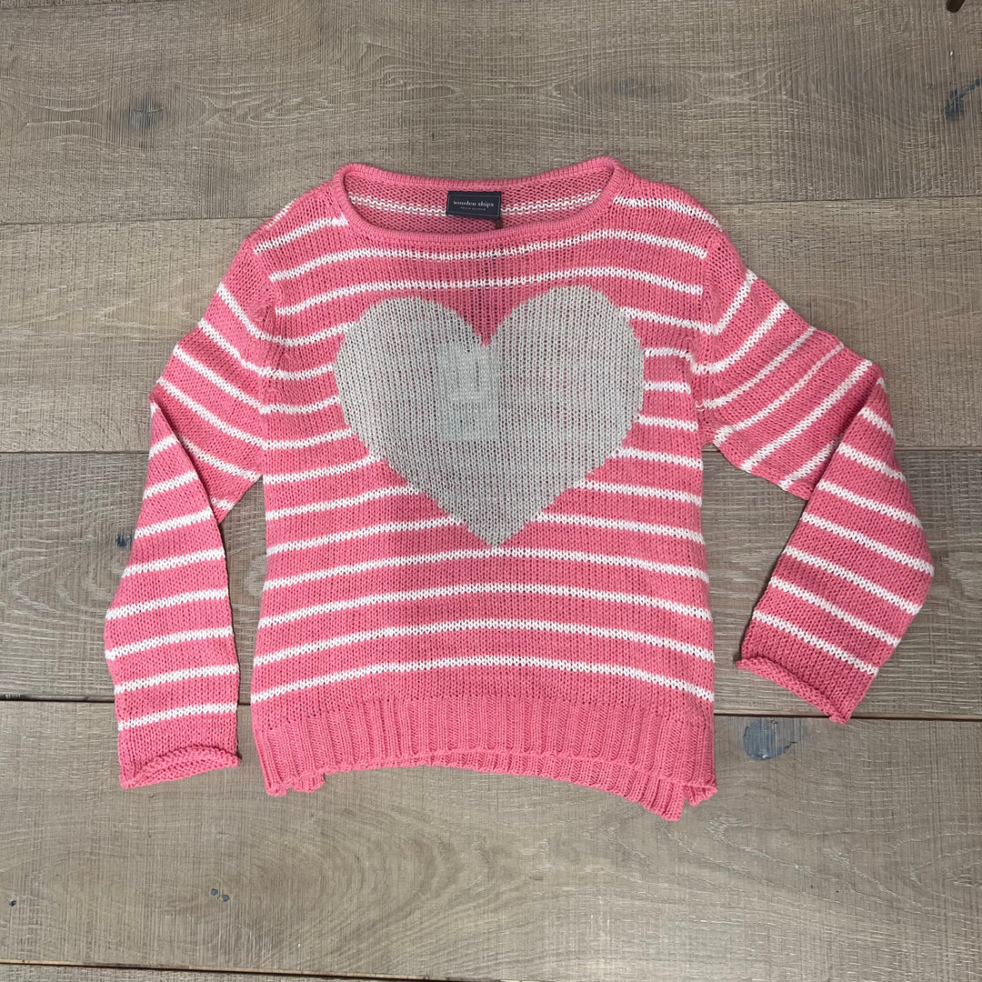 Pink Amelie Heart Sweater by Wooden Ships, cozy knit top with heart design, shown on a hanger.