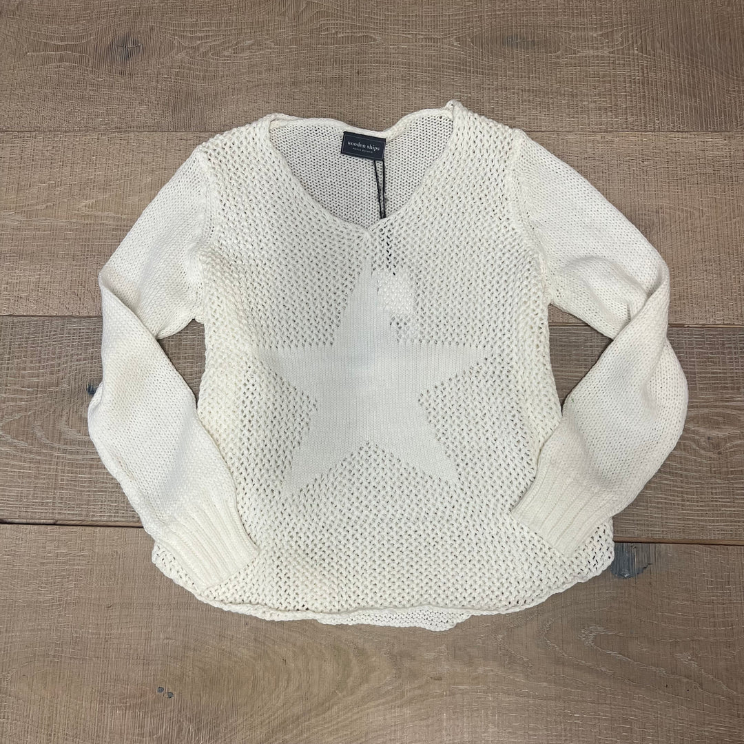 White crochet star sweater from Wooden Ships, a stylish knit top with detailed star pattern and cozy fit.
