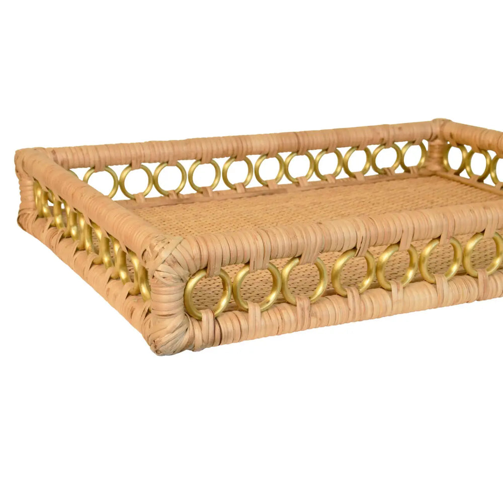 Rectangular rattan and brass tray with intricate detailing, perfect for home decor or serving, by Worlds Away.