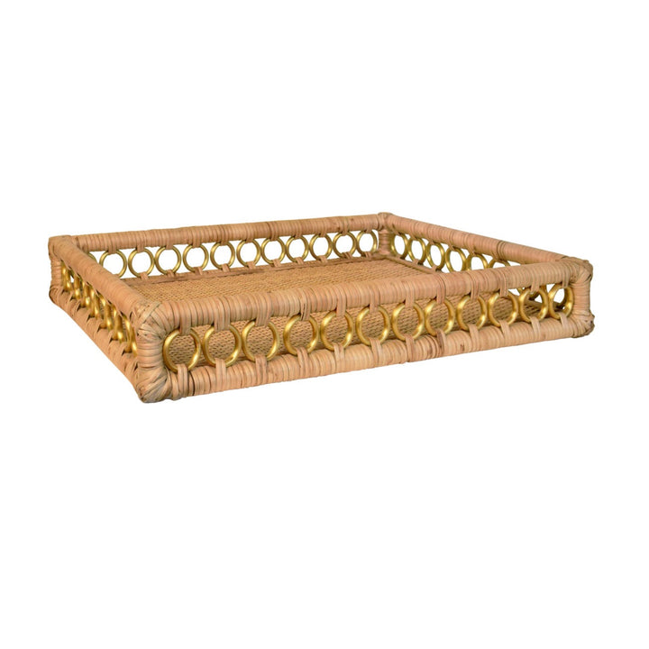 Rectangular rattan and brass home tray with a sleek, modern design, featuring woven rattan surface and brass handles.