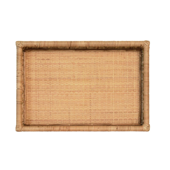 Rectangular rattan and brass tray with modern design, perfect for home decor and serving, by Worlds Away.