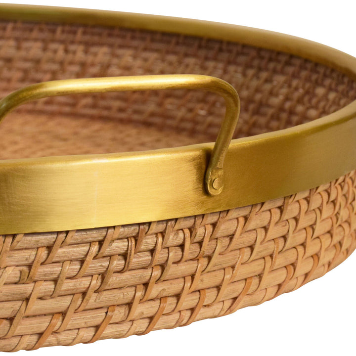 Round rattan and brass tray from Worlds Away, featuring a stylish design perfect for home decor or serving.