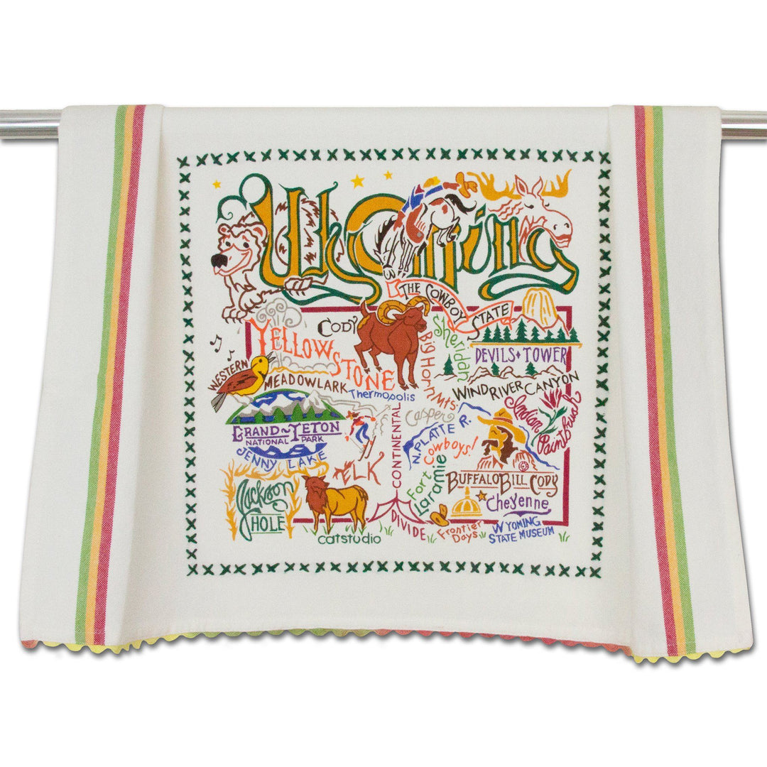 Catstudio Wyoming Geography dish towel featuring a colorful map design, perfect for home kitchen decor.