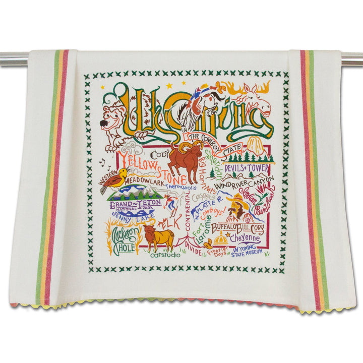 Catstudio Wyoming Geography dish towel featuring a colorful map design, perfect for home kitchen decor.