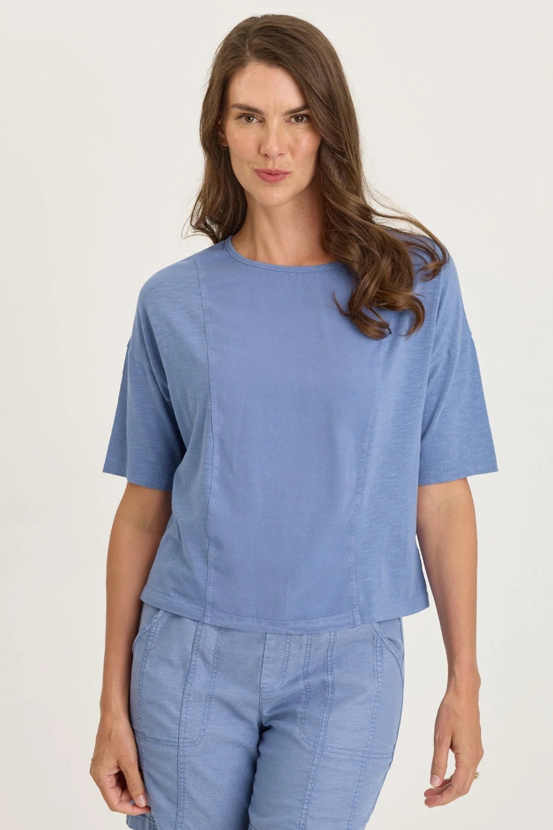 XCVI Lino Mixed Media Tee, casual tops with textured fabric and relaxed fit, shown on a model.