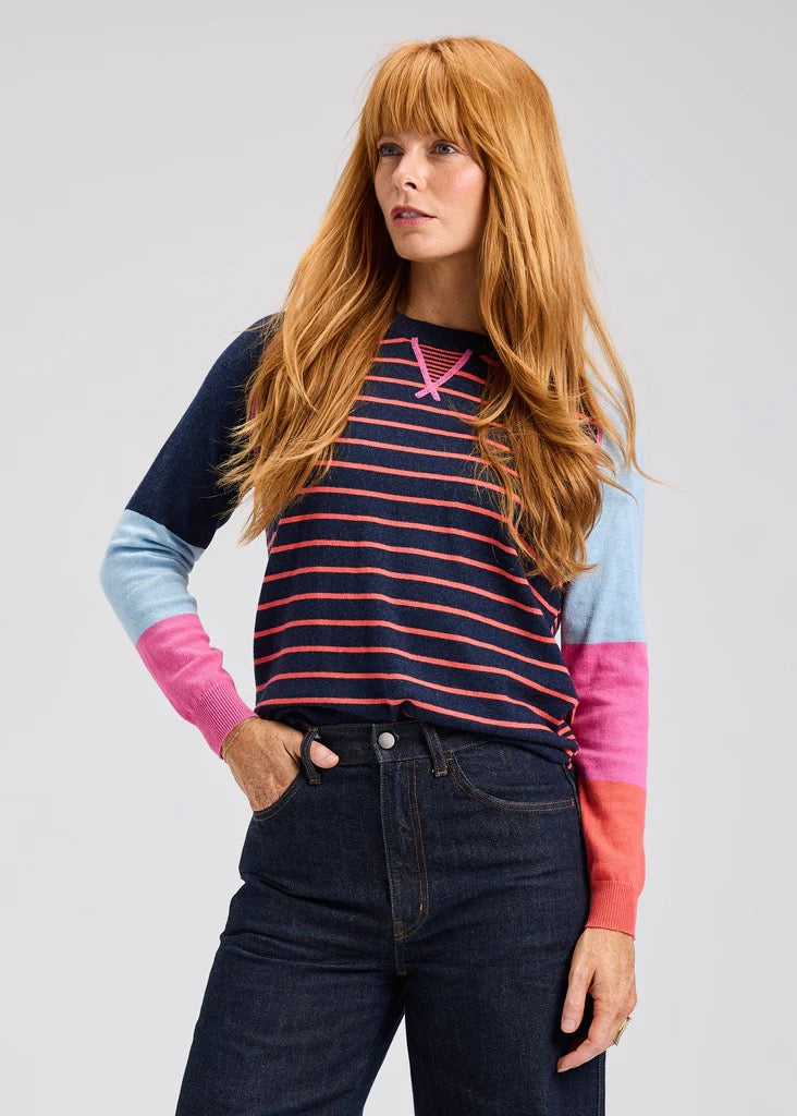 Zaket & Plover Breton denim stripe sweater, a stylish long-sleeve top with blue and white striped pattern and casual fit.