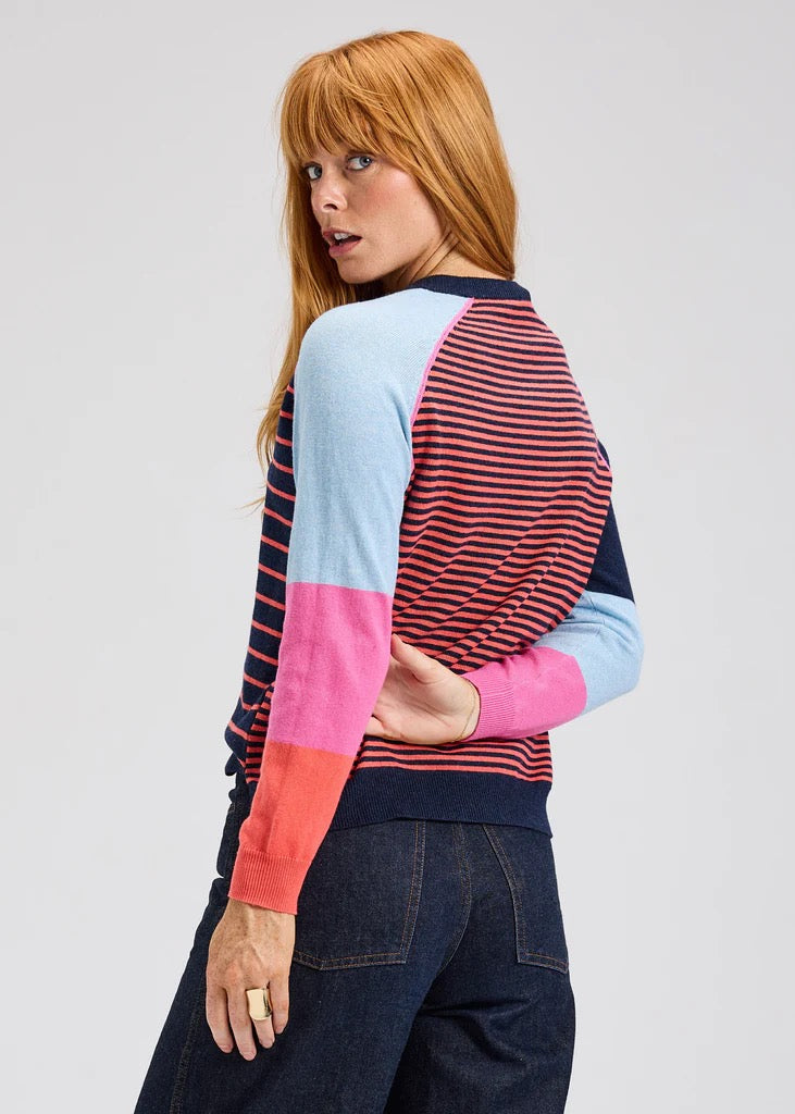Zaket & Plover Breton denim stripe sweater, a stylish tops with blue and white horizontal stripes and a classic knit design.