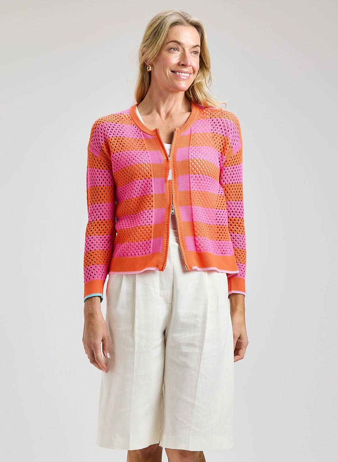 Zaket & Plover Sunset Pointelle Zip Cardigan, soft knit tops in a sunset-inspired pattern with a front zip closure.