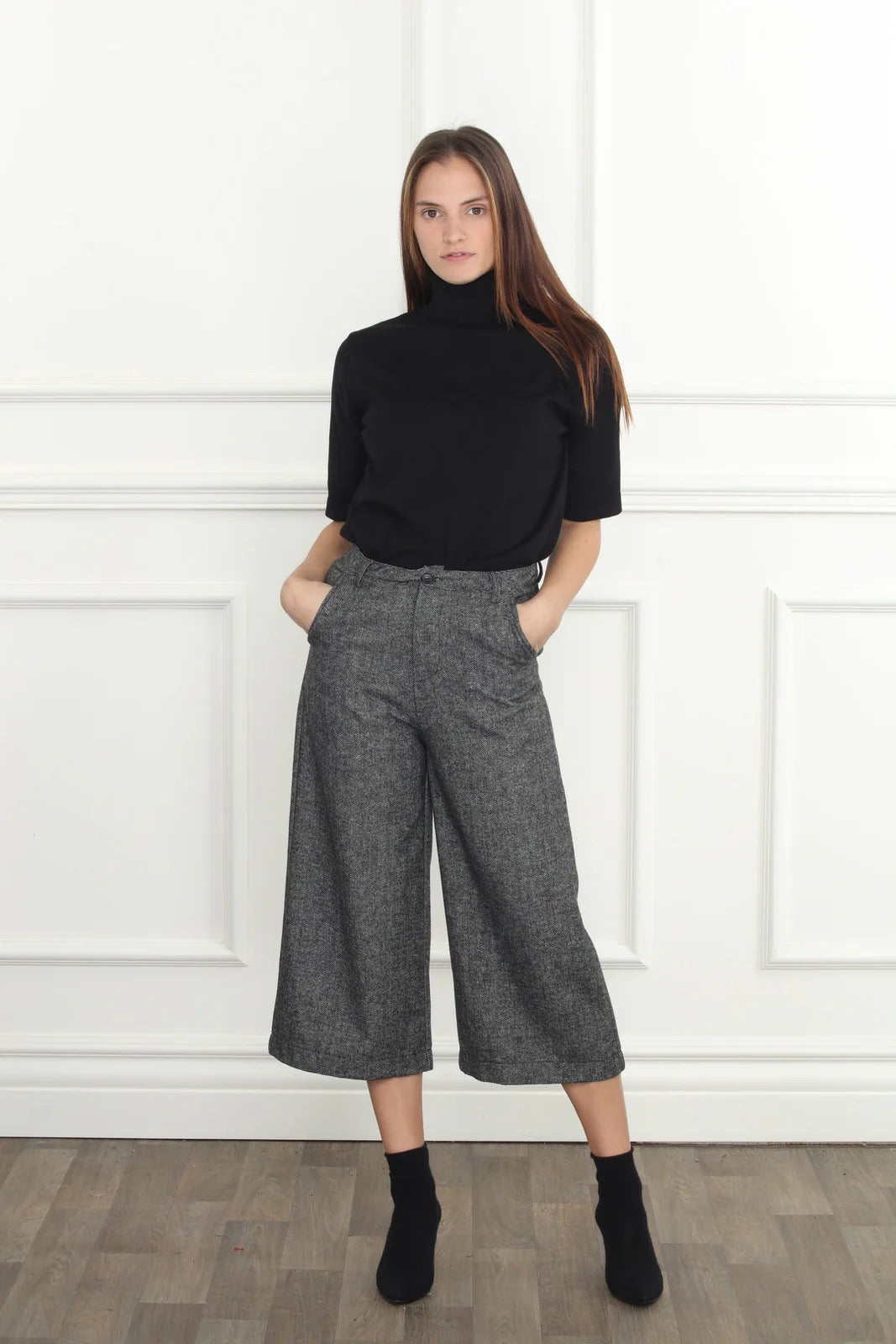 Herringbone crop pant from Zero Degrees Celsius Inc, stylish bottoms with a tailored fit and classic herringbone pattern.