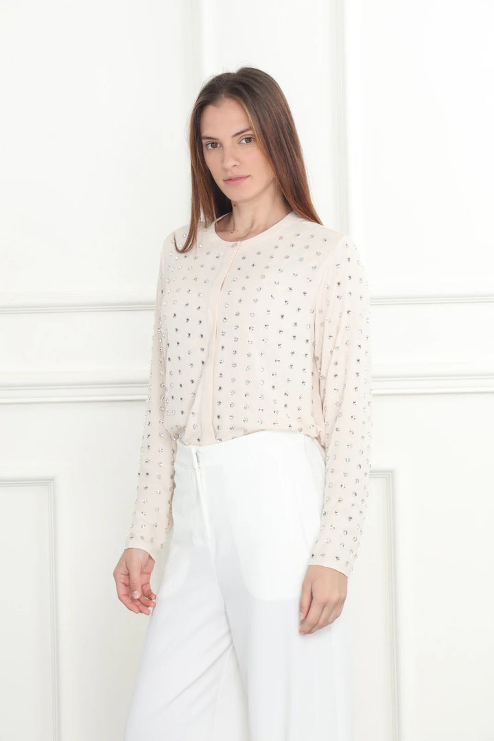 Shimmering rhinestone blouse from Zero Degrees Celsius Inc, featuring a stylish tops design with sparkling embellishments.